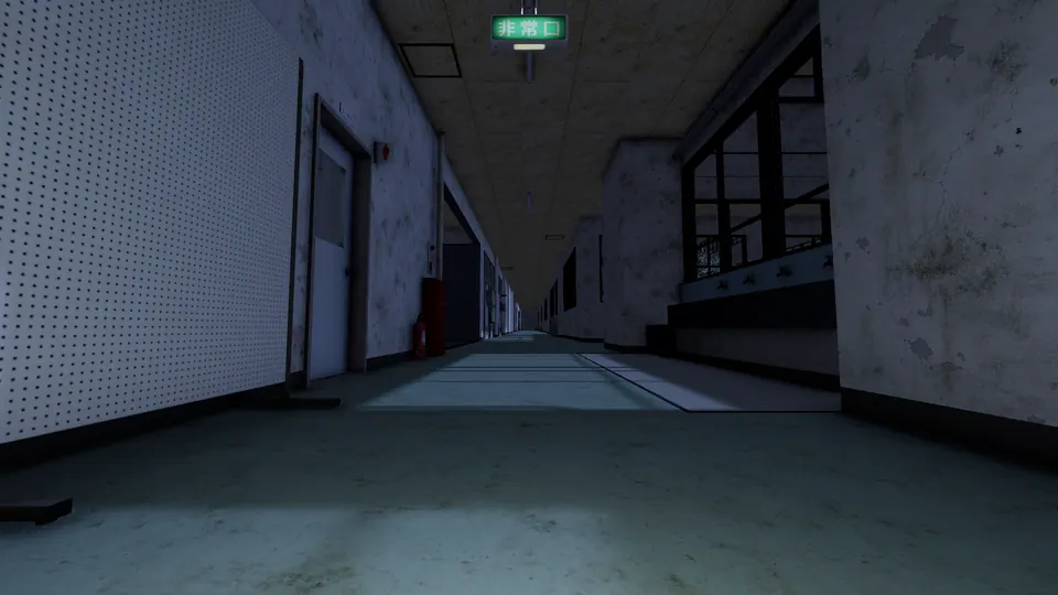 奥へ長く続く 1 階の廊下(ゲーム内の風景)