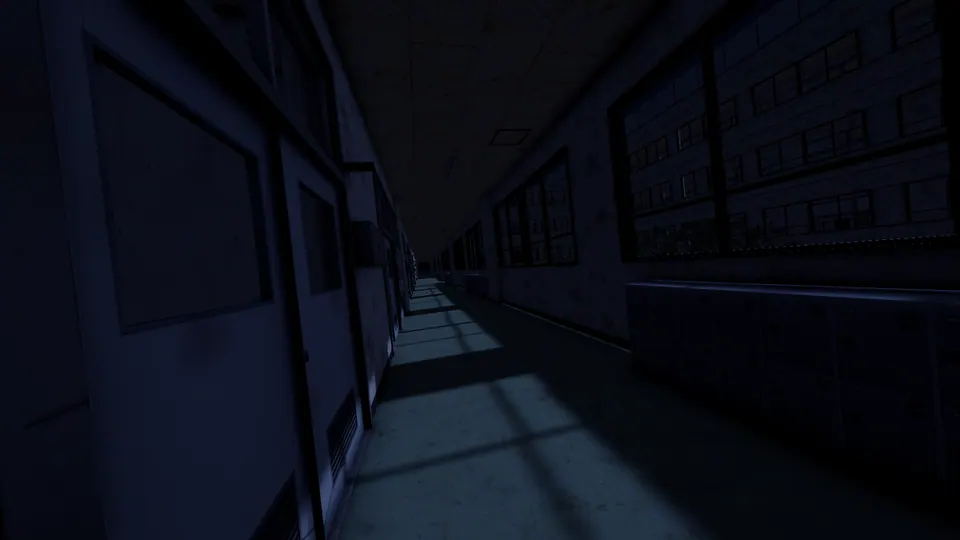 月明かりが差し込む夜の校舎の廊下(ゲーム内の風景)