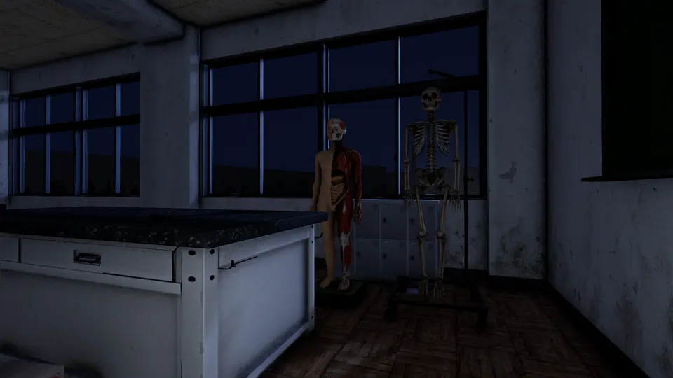 人体模型と骨格標本が立つ夜の理科室(ゲーム内の風景)