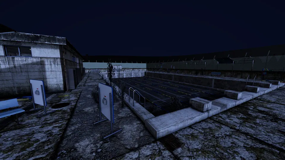 夜空の下の校舎を見上げた外観(ゲーム内の風景)