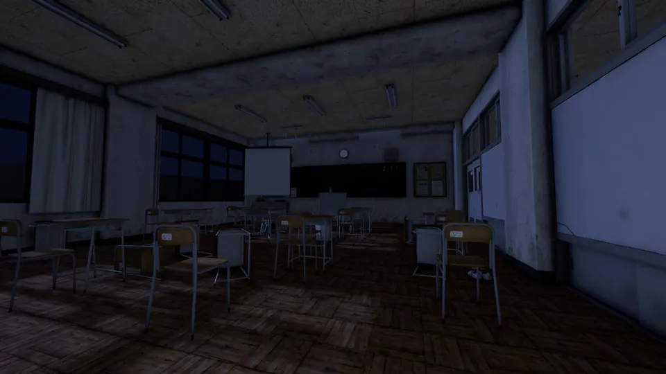 月明かりの差す夜の教室(ゲーム内の風景)